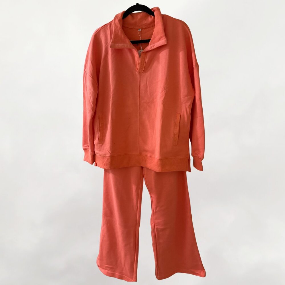 NEW - ANRABESS 2-Piece Lounge Sweatsuit - Long Sleeve Wide Leg Pant - Coral - S
